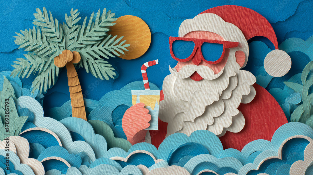 Obraz premium Tropical christmas beach santa summer holiday paper art sunglasses palm tree ocean wave festive cocktail sunset