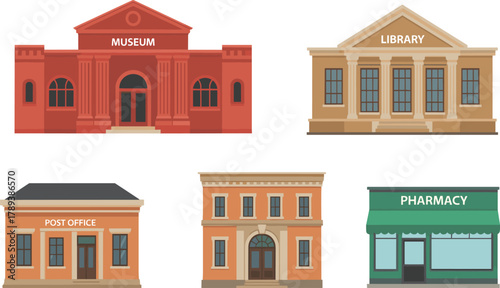 Set of public service building illustrations, including museum, library, post office, pharmacy, government architecture, civic institutions, and city landmarks
