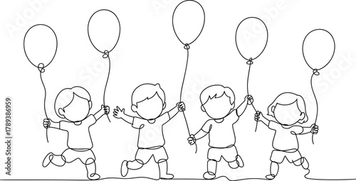 Five children holding balloons in continuous line drawing