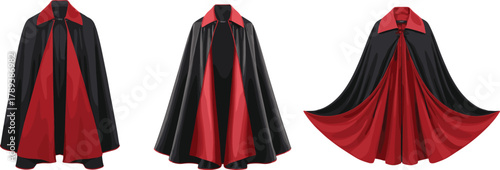 Set of three classic black and red vampire capes, Halloween costume accessories, elegant gothic style cloak collection on white background