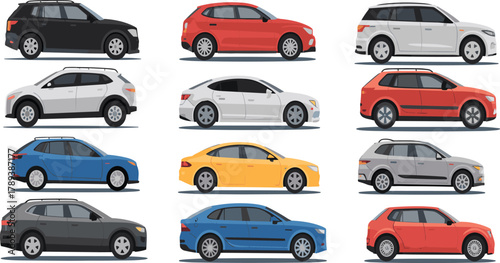 Set of twelve modern car side view illustrations in various colors showing SUV, sedan, and crossover vehicle design collection