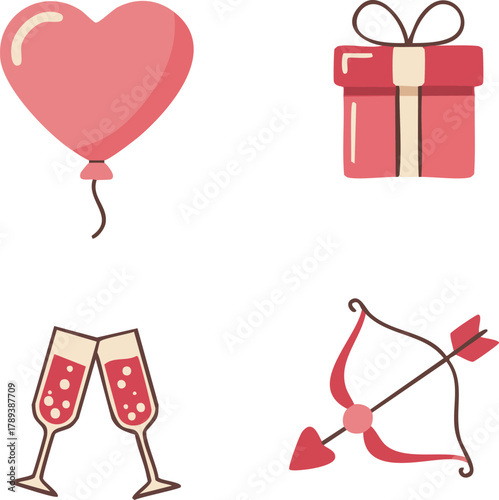 Valentine's Day illustrations: heart balloon, gift box, champagne flutes, and Cupid's bow