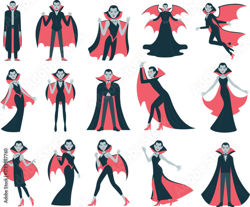 Stylized collection of vampire characters in elegant gothic outfits, red capes, and dark fashion poses, Halloween fantasy illustration set
