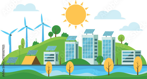 Sustainable eco city illustration with solar panels, wind turbines, green buildings, renewable energy landscape, clean environment, modern future urban design