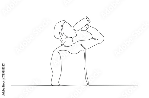 Sporty Man Drinking water from the bottle in continuous one line drawing. Single line art illustration of Man Drinking water from the bottle. Editable vector.