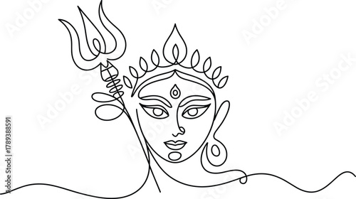 Single line drawing of goddess Durga with trident Hindu