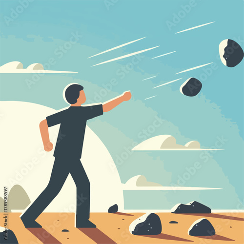 Cartoon illustration of a person throwing a stone