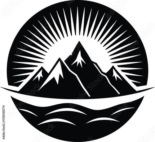 Mountain sun rays and lake vector emblem outdoor adventure nature badge