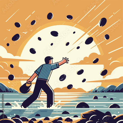 Cartoon illustration of a person throwing a stone
