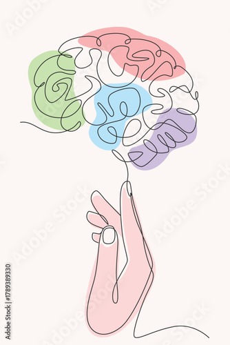 index finger of hand with brain one line drawing. index finger of hand with brain single line illustration. index finger of hand with brain minimalist line art