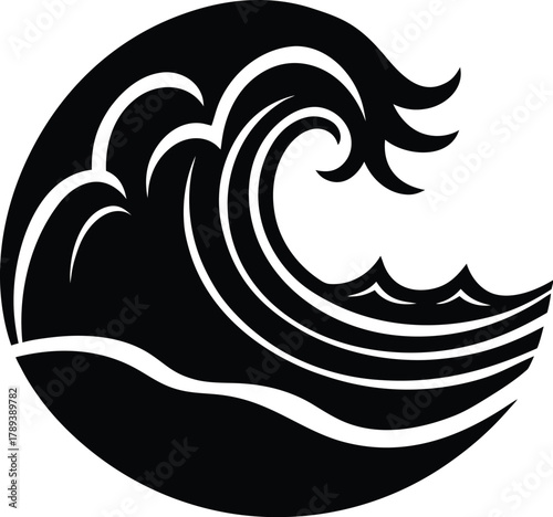 Stylized black ocean wave graphic with cresting foam and flowing water motion