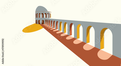 A minimalist illustration portrays a long, arched aqueduct structure extending into the distance, beautifully illuminated by strong sunlight casting rhythmic shadows.