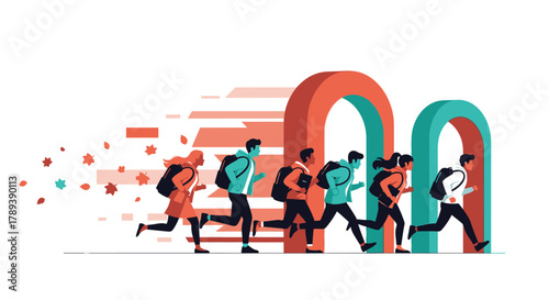 A diverse group of people with backpacks runs through abstract archways, symbolizing the pursuit of education, career opportunities, and future aspirations.