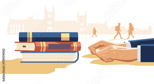 An engaging illustration depicting the pursuit of knowledge with academic books, a dedicated hand, and a bustling university campus in the background.