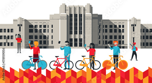 A diverse group of individuals with bicycles are actively using smartphones for social media and connection, set against the backdrop of a prominent institutional building.