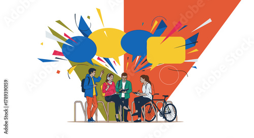 Dynamic illustration of diverse young people engaged in lively conversation, exchanging ideas, and fostering connection within a collaborative social setting.