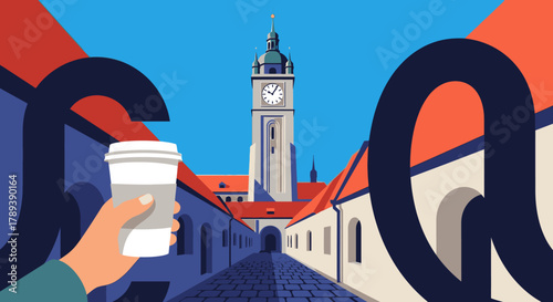 An illustrative scene captures a hand holding a takeaway coffee cup, set against a picturesque European street leading to a grand clock tower under a vibrant blue sky.