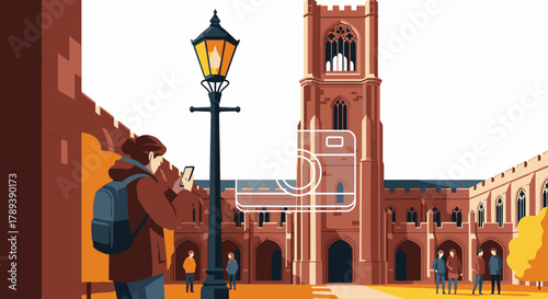 A student with a backpack captures the timeless beauty of a historic university campus with a grand Gothic building and an old lamppost.