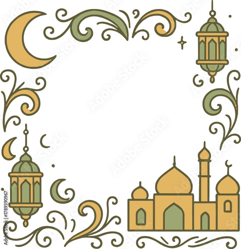 Square Clean Lailatul Miraj Illustration Featuring Crescent, Stars, and Geometric Patterns