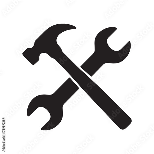  Silhouette crossed hammer and wrench repair tools vector illustration