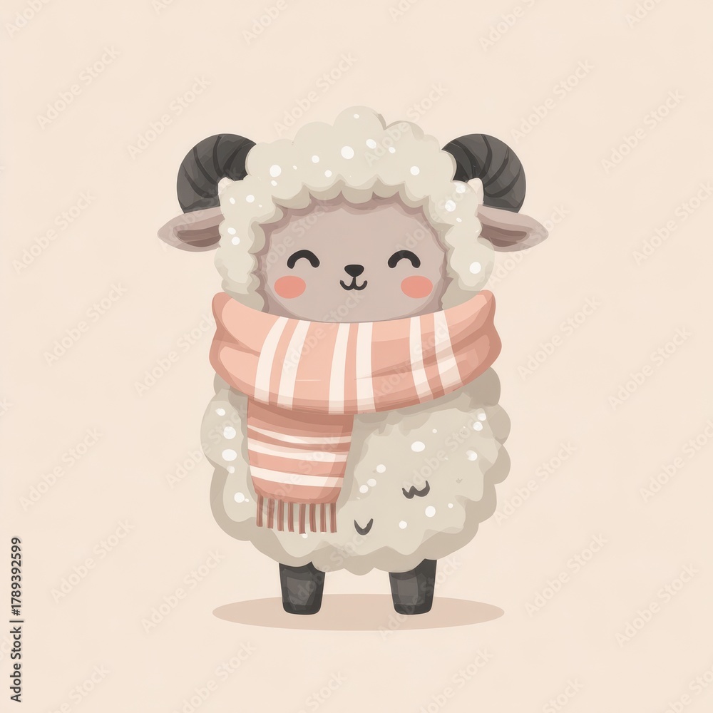 Fototapeta premium Cute Fluffy Sheep Wearing Pink Scarf Cozy Winter Attire Pastel Background