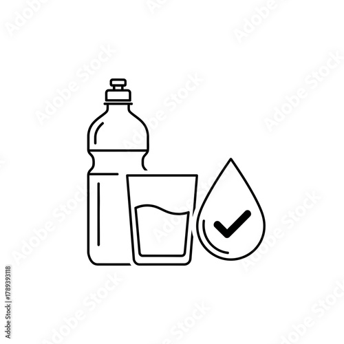 Water Bottle and Glass Icon – Line Art Vector of Clean Drinking Water with Purity Symbol