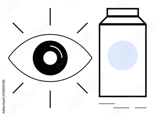 Eye with radiating lines next to a milk carton in flat minimal design. Ideal for health, nutrition, vision care, awareness, education, simplicity, and focus. Clean simple flat metaphor