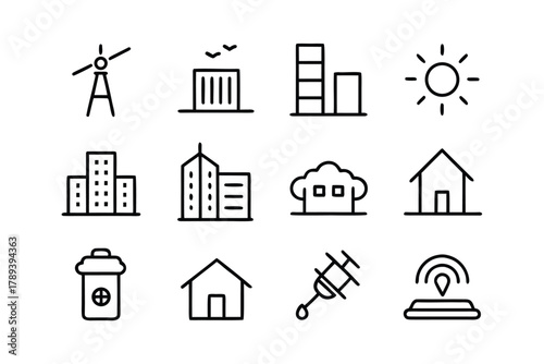 Collection of Simple Line Icons Representing Buildings Technology and Nature Keywords: icon, building, house, sun, trash can, antenna, city