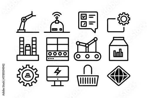 Collection of thin line icons representing industry and technology vector illustration