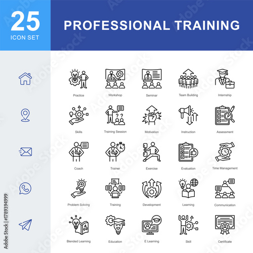 An 25 icon set illustrating professional training and skill development, including workshops, seminars, coaching, communication, e-learning, and team building activities.