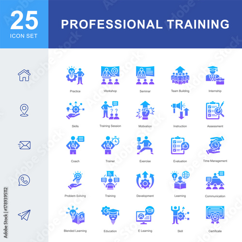 An 25 icon set illustrating professional training and skill development, including workshops, seminars, coaching, communication, e-learning, and team building activities.