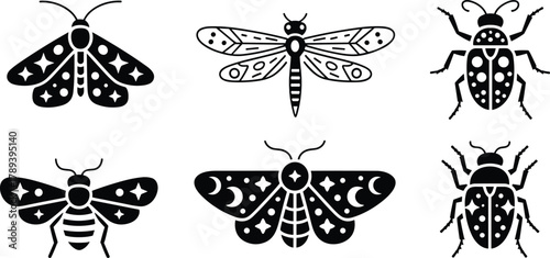 Black and white mystical insect illustration collection featuring moths, beetles, and bees with celestial moon star and cosmic elements