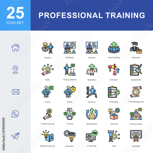 An 25 icon set illustrating professional training and skill development, including workshops, seminars, coaching, communication, e-learning, and team building activities.