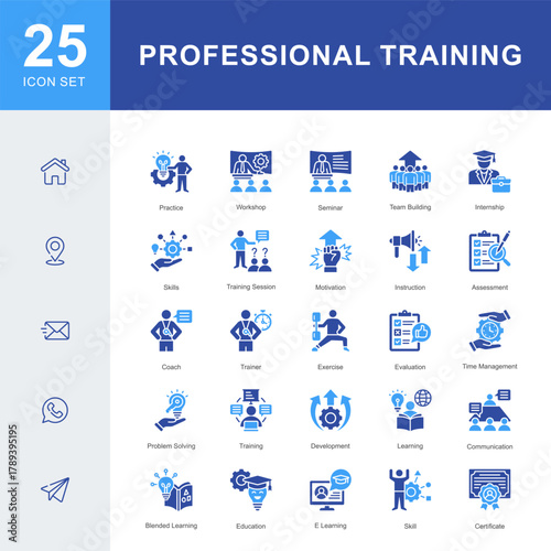 An 25 icon set illustrating professional training and skill development, including workshops, seminars, coaching, communication, e-learning, and team building activities.