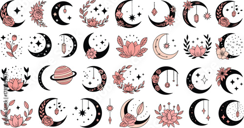 Boho celestial moon and flower illustration collection with stars crystals and planets for mystical feminine aesthetic design elements