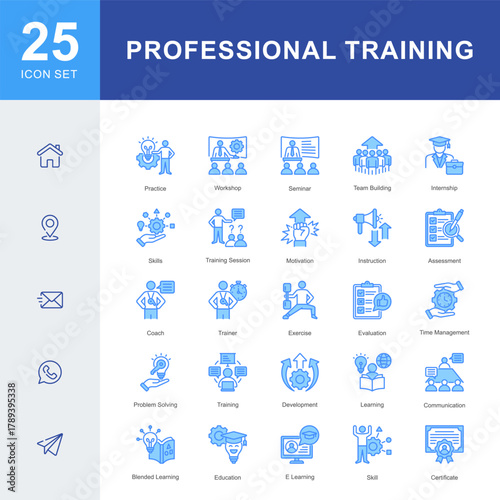 An 25 icon set illustrating professional training and skill development, including workshops, seminars, coaching, communication, e-learning, and team building activities.