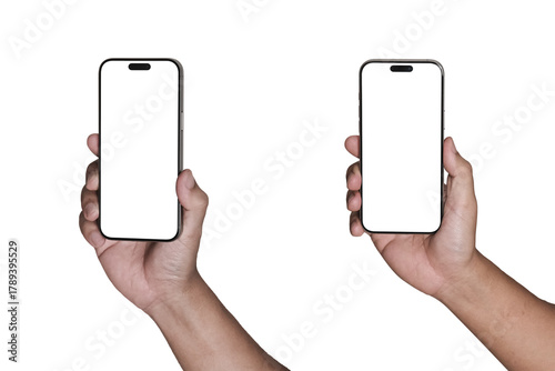 Hand holding the black smartphone Transparent of PNG image with blank screen and modern frameless design - isolated transparent background