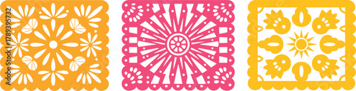 Colorful Mexican papel picado banner set with floral sun and geometric cutout patterns for fiesta party decoration design
