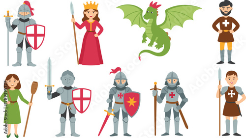 Cartoon medieval character set with knights princess dragon and warriors in armor perfect for fantasy story illustration and game design