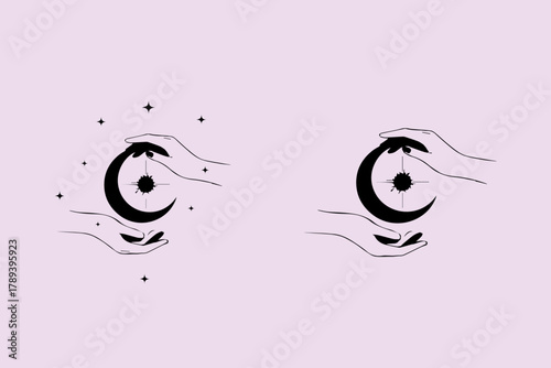 Mystical celestial crescent moon and star held by elegant hands silhouette with sparkles isolated on white background isolated on transparent background