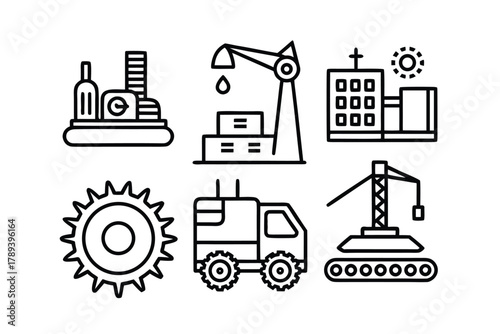 Industrial Icons Featuring Construction Equipment and Buildings Keywords: industrial, construction, icon, outline, symbol, design, graphic