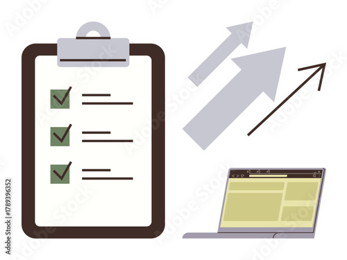 Clipboard with checklist, laptop with open window, upward arrows symbolizing progress and success. Ideal for organization, productivity, planning, workflow, business growth, data analysis teamwork