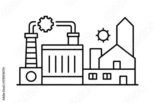Outline Illustration of an Industrial Factory with Gears, Smokestack, and Sun Icon Keywords: factory, industrial, industry, building, smokestack