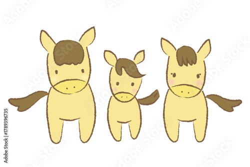 日本の2026年の干支「午」。正面を向いて佇む、手描きのかわいい親子の馬。Japan's zodiac sign for 2026 is the horse. A cute, hand-drawn horse and its baby are standing facing forward.