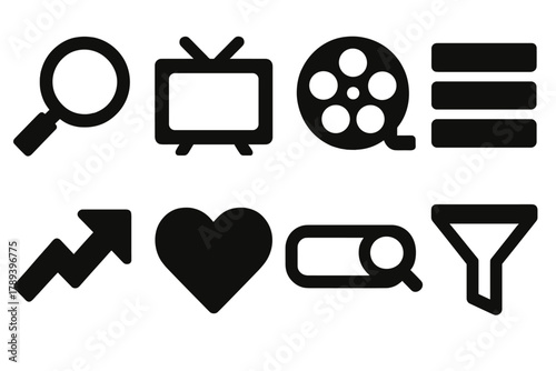 Brutalist Media Icons. Media Exploration silhouette icon set: magnifying glass, TV screen, film reel, playlist icon, trending tag, heart favorite, search bar, filter icon.