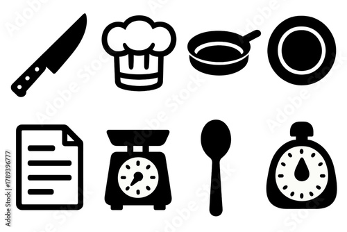 Bold Culinary Icons. Professional Culinary Set silhouette icon set: chef knife, hat, pan, plate, recipe sheet, weighing scale, spoon, timer.