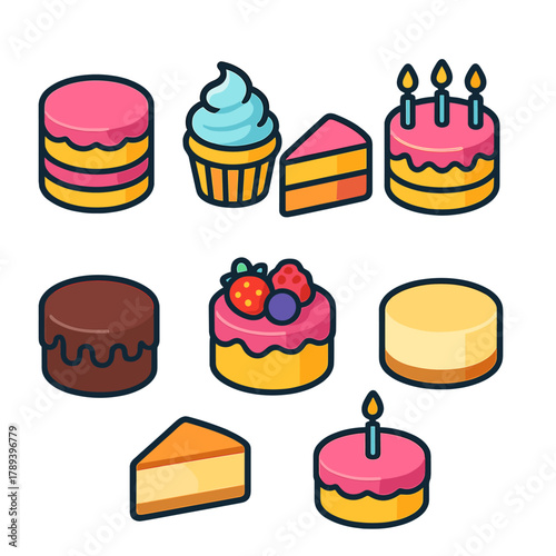Colorful Cake Icons. Cakes Set modern flat icons set: layered cake, cupcake with frosting, slice of cake, birthday cake, chocolate cake, fruit cake, cheesecake, cake with candle