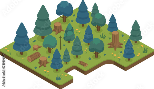 Isometric 3D forest landscape illustration with trees stumps grass and flowers representing nature environment and deforestation ecological concept