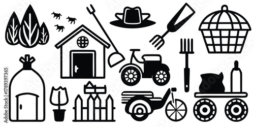 Whimsical farm scene illustration with tractor barn and garden elements