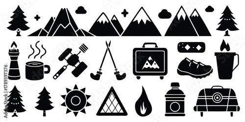 Outdoor adventure camping gear and mountain landscape silhouette collection